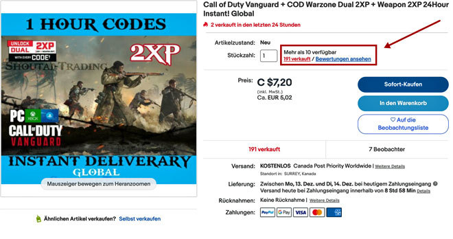 Codes auf eBay verkaufen