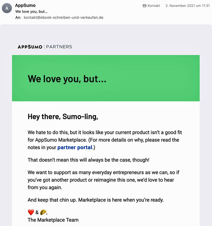 AppSumo Listing abgelehnt