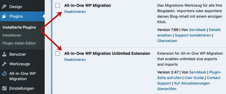 All-in-One-WP-Migration-Plugins installiert