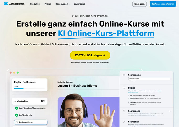 Startseite GetResponse KI-Online-Kurs-Plattform