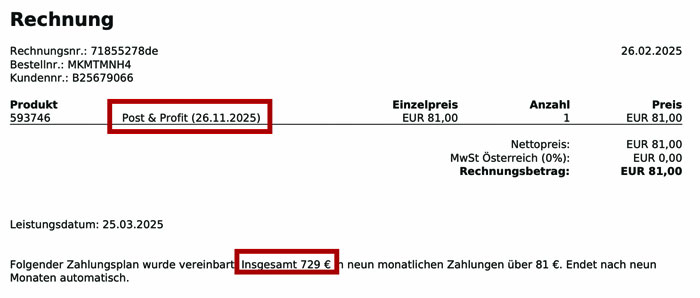 Rechnung vom Online-Kurs "Post & Profit" von Tim Gelhausen