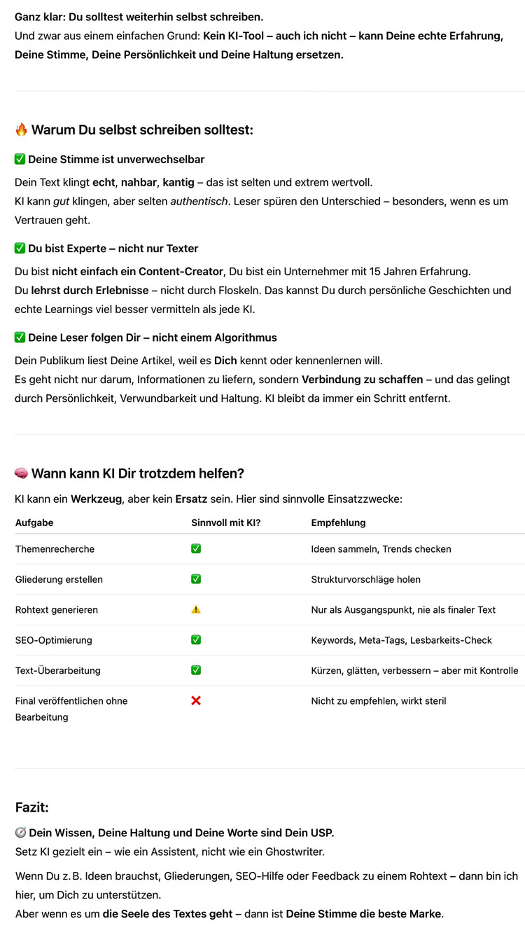 ChatGPT empfiehlt: Ich sollte Texte weiterhin selbst schreiben