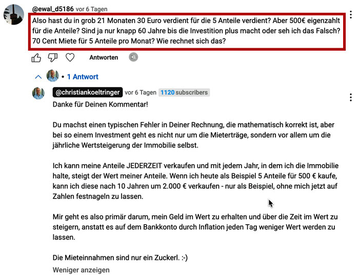 YouTube-Kommentar zur Brickwise-Investments