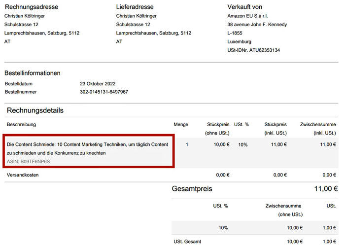 Amazon-Rechnung "Content Schmiede" von Walter Epp