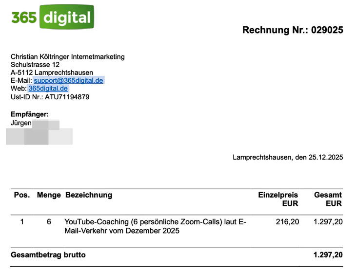 Rechnung Jürgen für YouTube-Marketing-Coaching