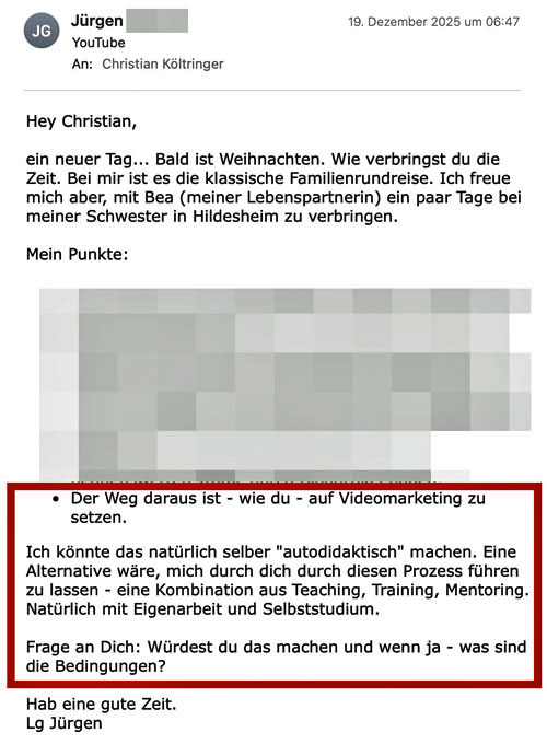 YouTube-Coaching-Anfrage von Jürgen
