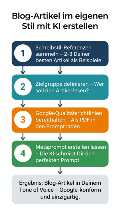 In 4 Schritten einen Blog-Artikel im eigenen Stil mit KI erstellen – Prozess-Infografik