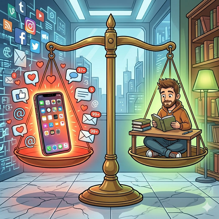 Waage zwischen Smartphone-Ablenkung und fokussiertem Arbeiten – die Entscheidung liegt bei Dir
