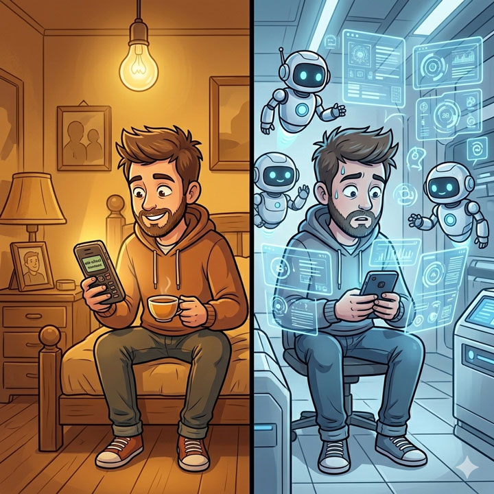 Vergleich Smartphone-Ära 2007 und KI-Zeitalter heute – zwei Welten, ein Mensch
