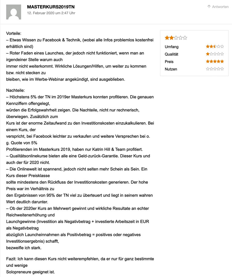 Kritische Bewertung des Facebook Masterkurses 2019, coacheck.de