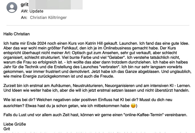 E-Mail meiner Kundin an mich über ihren Kauf bei Katrin Hill