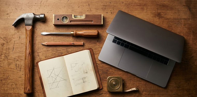 Klassische Handwerker-Werkzeuge und ein Laptop nebeneinander auf Holz-Werkbank – KI als Werkzeug verstehen, nicht als Gesprächspartner
