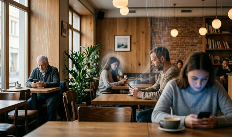 Mehrere Menschen sitzen isoliert im Café, jeder am eigenen Smartphone – Sinnbild für die digitale Isolation durch Social Media