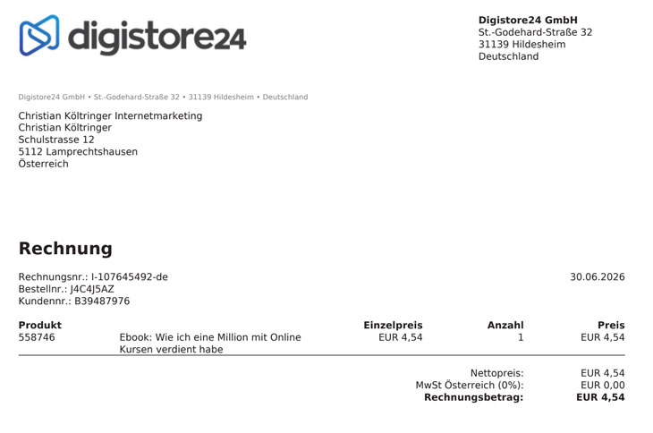 Digistore24 Rechnung vom Buch-Kauf von Anchu Kögl