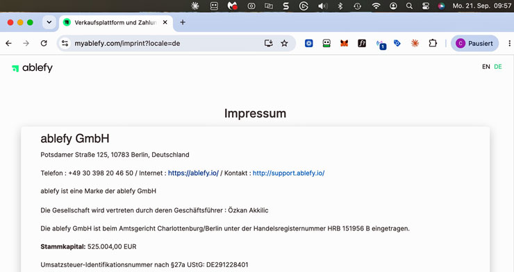 Impressum der ablefy GmbH in Berlin mit Geschäftsführer Özkan Akkilic und Handelsregisternummer HRB 151956 B
