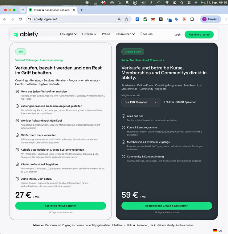 ablefy Preisseite mit den Plänen Sell für 27 Euro und Create & Sell ab 59 Euro pro Monat, Stand September 2026