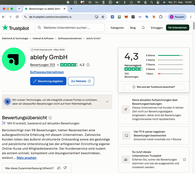Trustpilot-Profil von ablefy mit 703 Bewertungen, Durchschnitt 4,3 und dem Hinweis auf fehlende Bewertungseinladungen