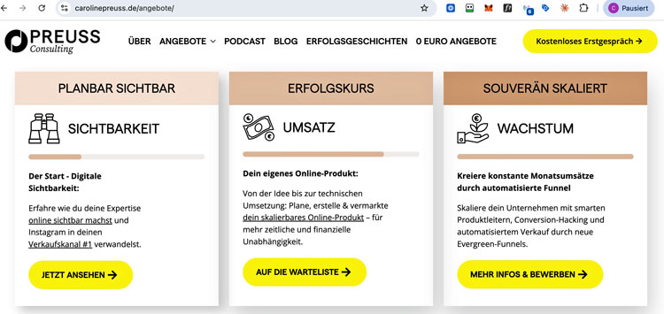 Angebotsübersicht von Caroline Preuss mit den drei Programmen Planbar Sichtbar als Sichtbarkeit, ErfolgsKurs als Umsatz und Souverän Skaliert als Wachstum