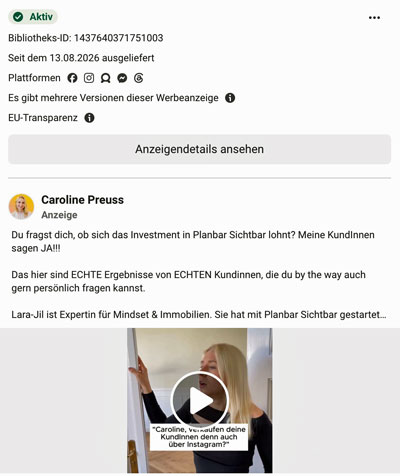 Aktive Meta-Anzeige mit der Bibliotheks-ID 1437640371751003, ausgeliefert seit dem 13. August 2026, mit dem Text ob sich das Investment in Planbar Sichtbar lohnt
