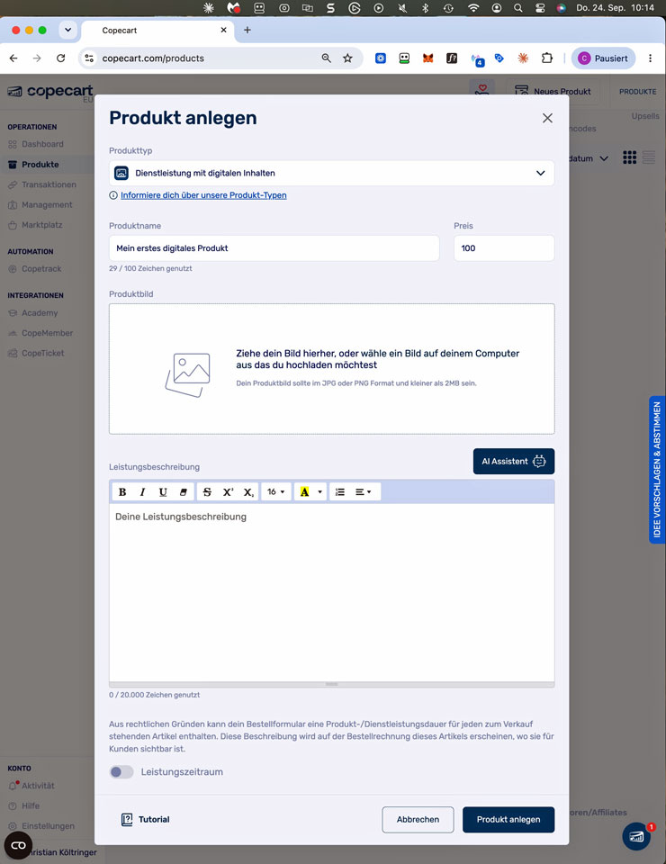 Der CopeCart-Dialog Produkt anlegen mit Produktname und Preis 100 Euro, ohne jede Gebuehrenangabe