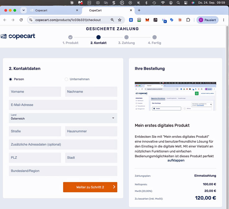 CopeCart-Bezahlseite: 100,00 Euro netto plus 20 Prozent Mehrwertsteuer ergeben 120,00 Euro