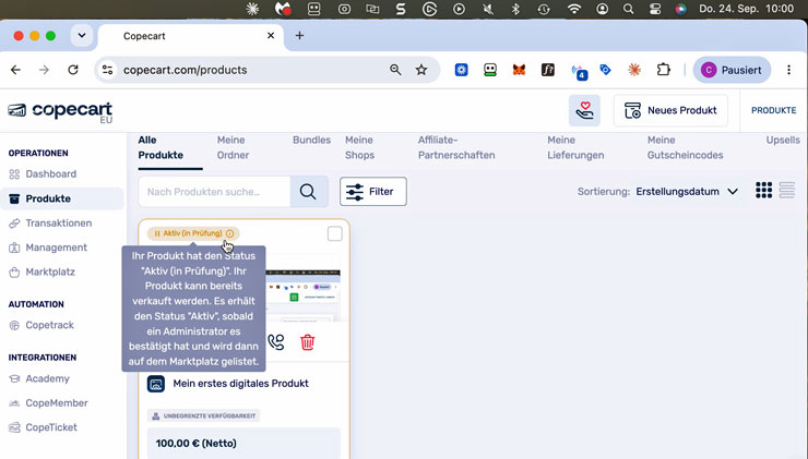 CopeCart-Produktliste mit dem Status Aktiv in Pruefung und dem erklaerenden Tooltip