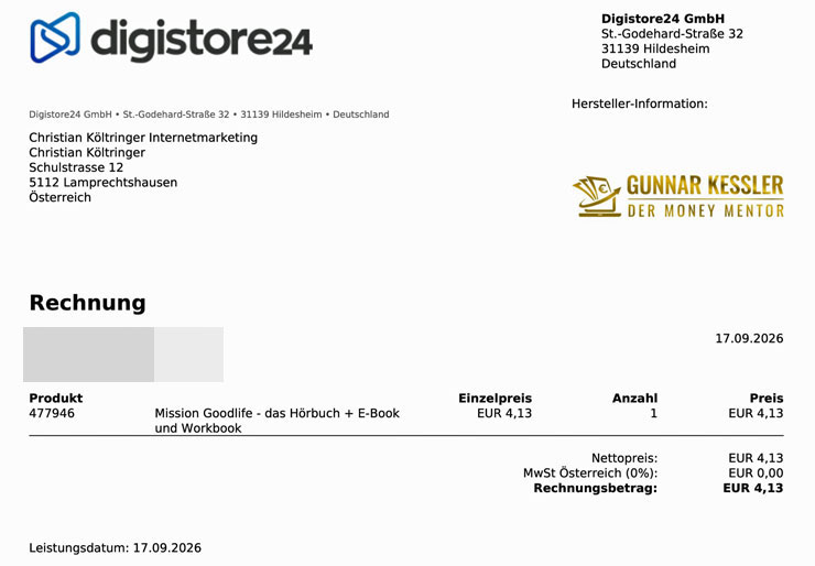 Digistore24-Rechnung über das Hörbuch Mission Goodlife von Gunnar Kessler mit E-Book und Workbook