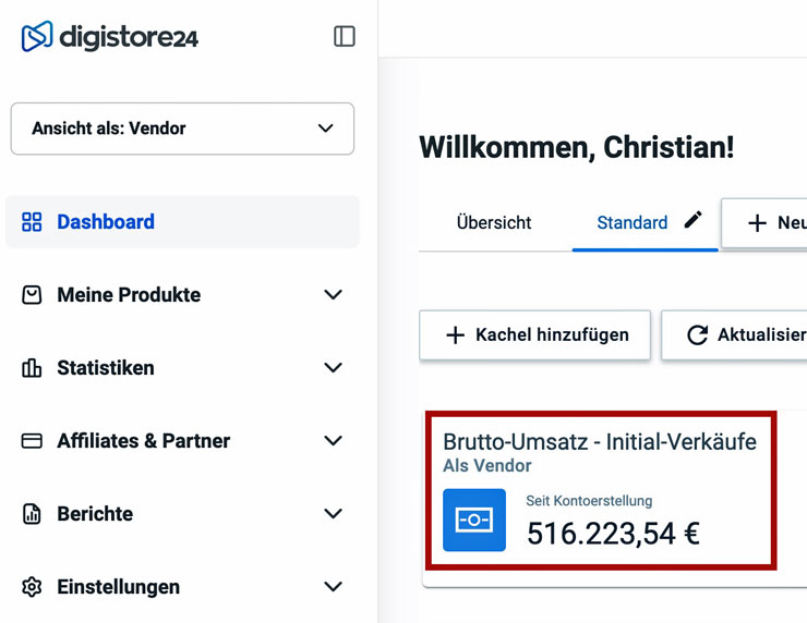Digistore24 Business-Cockpit mit dem Brutto-Umsatz aus Initial-Verkäufen von 516.223,54 Euro seit Kontoerstellung