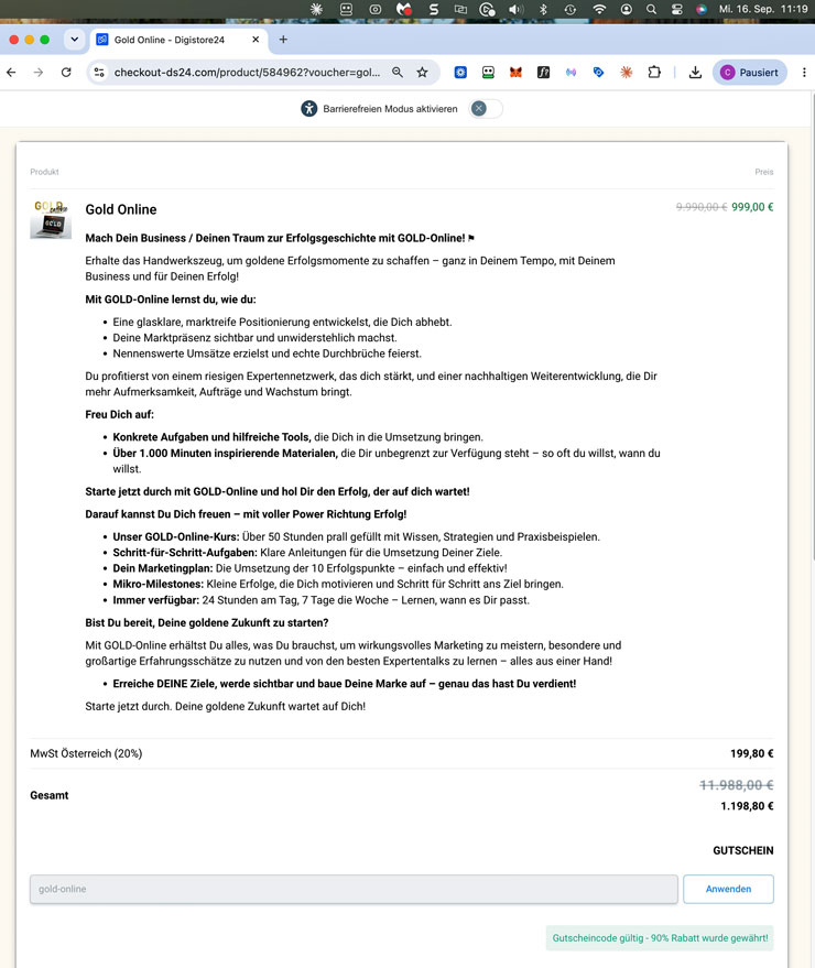 Bestellformular von GOLD Online: 9.990 Euro durchgestrichen, 999 Euro Verkaufspreis, Hinweis auf 90 Prozent Gutscheinrabatt