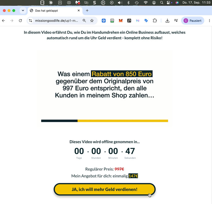 Upsell-Angebot für 147 Euro statt 997 Euro mit Countdown bei 47 Sekunden
