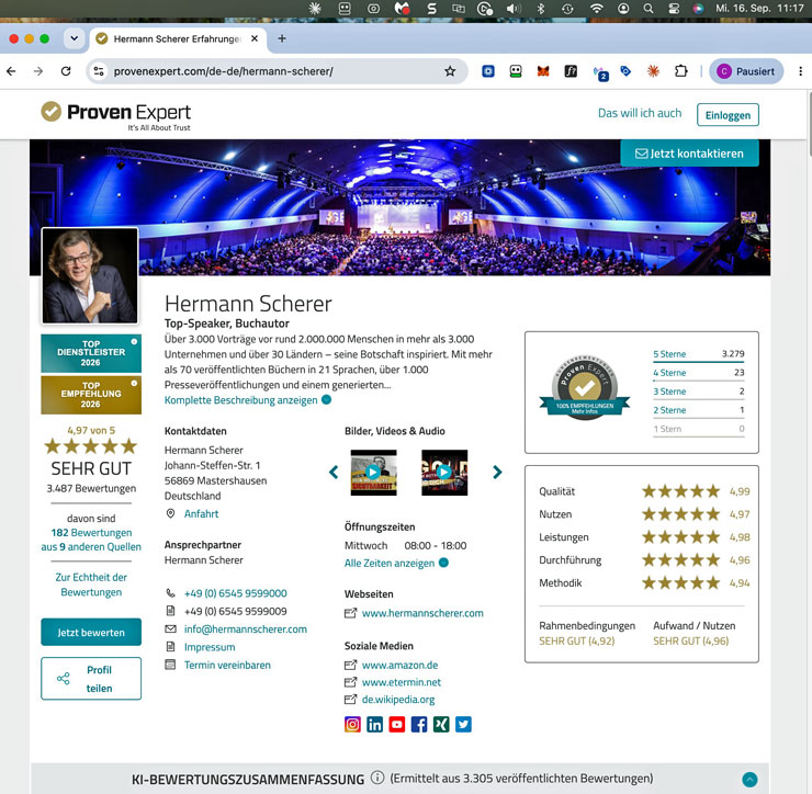 ProvenExpert-Profil von Hermann Scherer mit 4,97 von 5 aus 3.487 Bewertungen und der Sternverteilung von 3.279 Fünf-Sterne-Stimmen bis null Ein-Stern-Stimmen