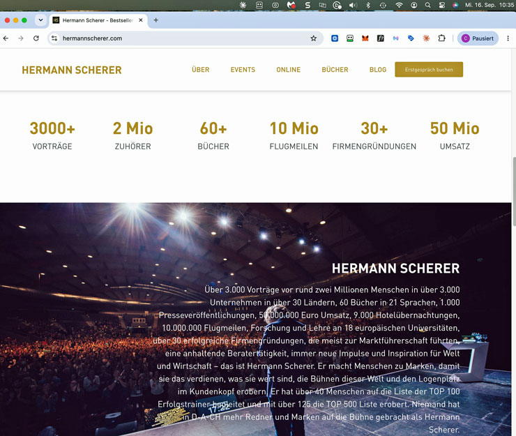 Startseite von hermannscherer.com mit Zahlenleiste 3000+ Vorträge, 2 Mio Zuhörer, 60+ Bücher, 50 Mio Umsatz