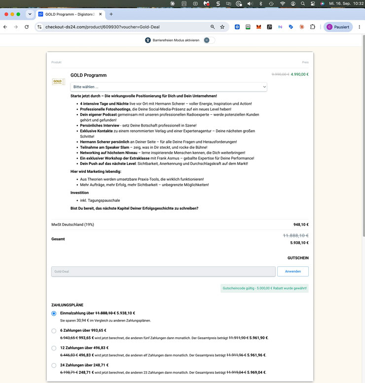 Bestellformular des GOLD-Programms von Hermann Scherer mit 4.990 Euro netto und 5.938,10 Euro Gesamtbetrag, abgerufen am 16.09.2026