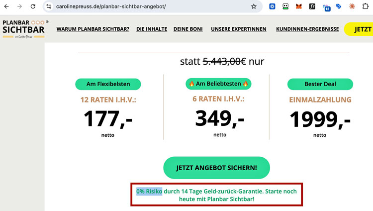 Hinweis unter dem Bestellbutton der Verkaufsseite mit der Aussage null Prozent Risiko durch vierzehn Tage Geld-zurück-Garantie