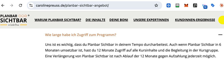 FAQ-Eintrag auf der Verkaufsseite mit der Frage, wie lange der Zugriff zum Programm gilt, und der Antwort, dass eine Verlängerung nach zwölf Monaten gegen Aufzahlung möglich ist