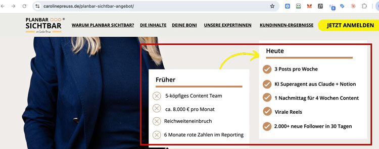 Gegenüberstellung auf der Verkaufsseite: links fünfköpfiges Content-Team, 8.000 Euro pro Monat, Reichweiteneinbruch und sechs Monate rote Zahlen, rechts KI-Superagent aus Claude und Notion, virale Reels und 2.000 neue Follower in 30 Tagen