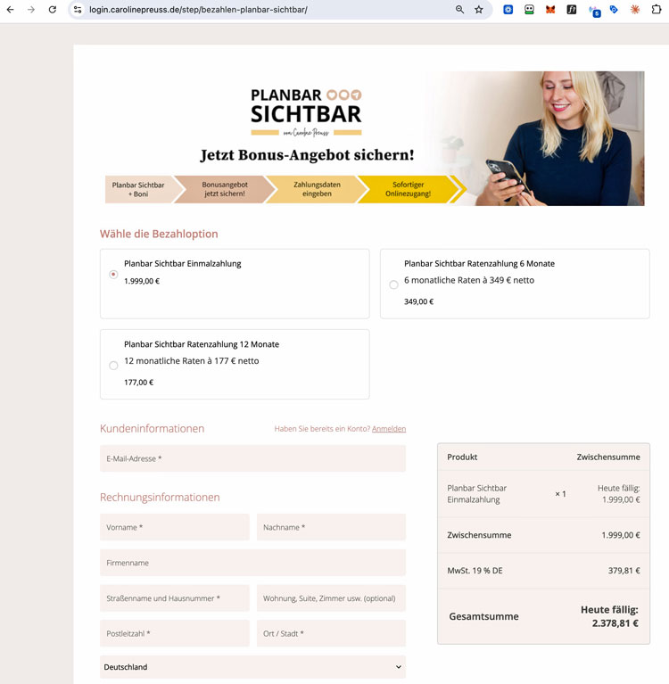 Bezahlseite von Planbar Sichtbar mit der Einmalzahlung von 1.999 Euro netto, den Ratenoptionen zu 349 und 177 Euro sowie der Gesamtsumme von 2.378,81 Euro inklusive Mehrwertsteuer
