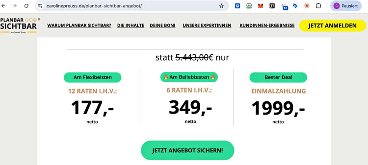 Die drei Zahlungsvarianten von Planbar Sichtbar nebeneinander, wobei die Sechs-Raten-Variante mit dem Label Am Beliebtesten markiert ist und die Einmalzahlung mit Bester Deal
