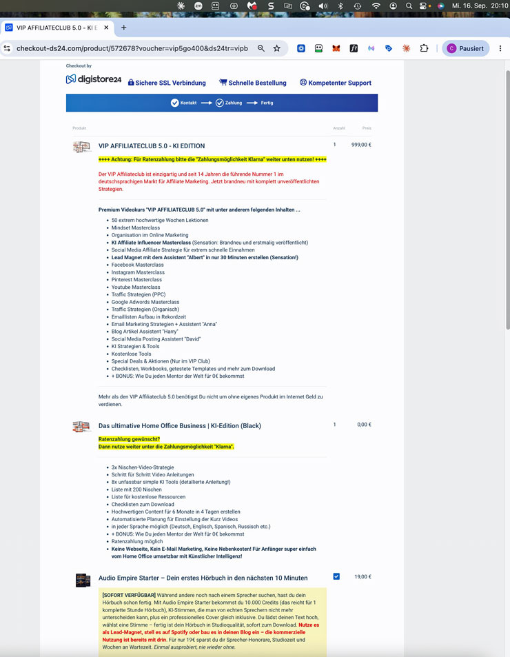 Bestellformular des VIP Affiliate Club 5.0 KI Edition mit 999 Euro und dem bereits angehakten Zusatzprodukt Audio Empire Starter für 19 Euro