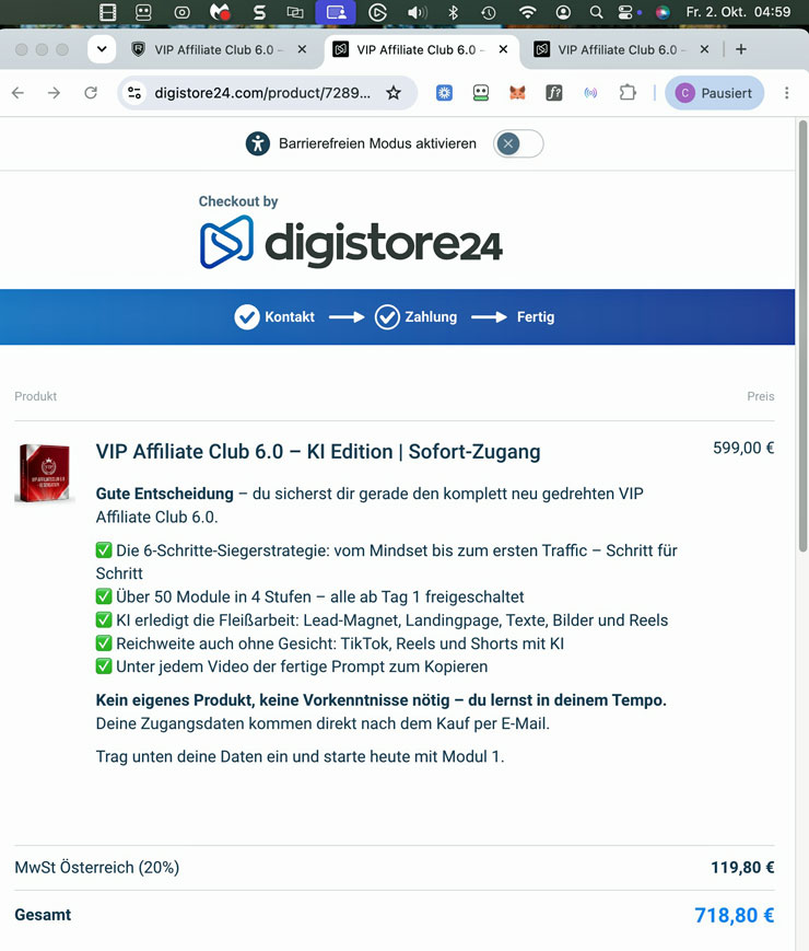 Das Digistore24-Bestellformular zur Platin Edition mit 599 Euro netto