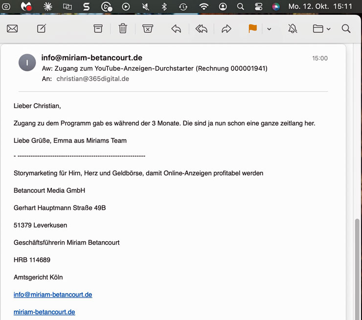 Antwort des Supports der Betancourt Media GmbH vom 12. Oktober 2026 auf meine Anfrage nach dem Kurszugang