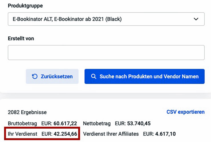 Auswertung im Zahlungsanbieter: 2082 Ergebnisse, Bruttobetrag 60.617,22 Euro, Nettobetrag 53.740,45 Euro, eigener Verdienst 42.254,66 Euro, Verdienst der Partner 4.617,10 Euro